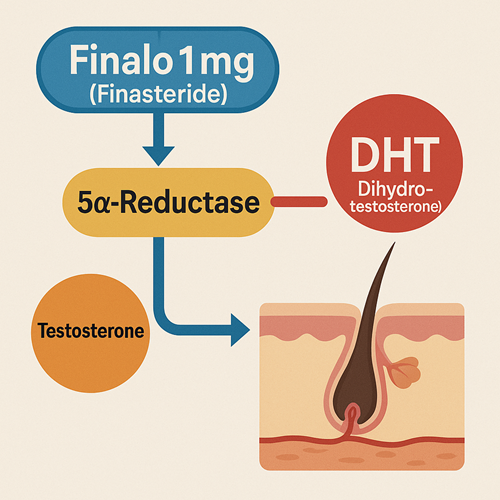 Medical diagram explaining the mechanism of Finalo 1mg (Finasteride)