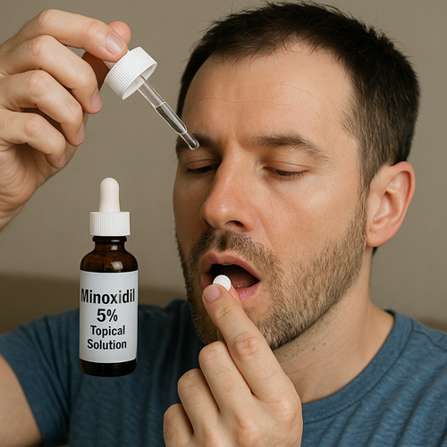 Instructional photo showing oral intake of finasteride and topical application of minoxidil solution to the scalp