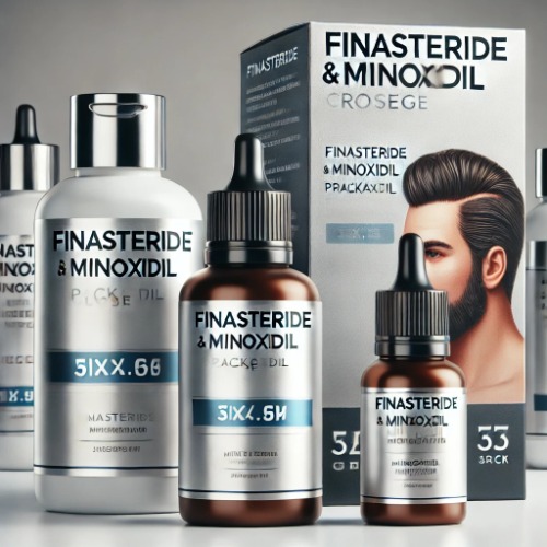 Close-up of Finasteride and Minoxidil product bottles and packaging boxes