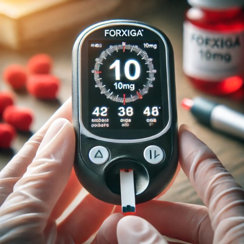 Glucose meter showing stable blood sugar after taking Forxiga