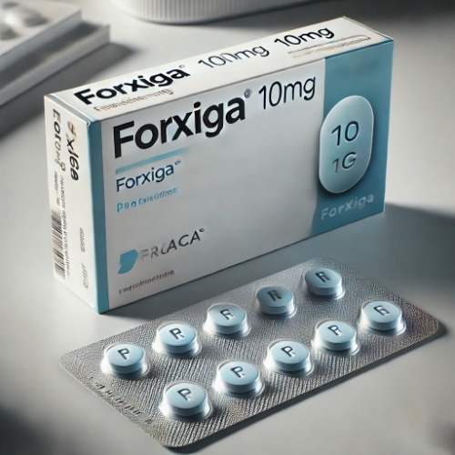 Close-up of Forxiga 10mg blister pack and packaging box