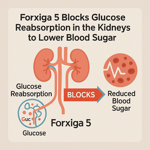 Visual diagram showing how Forxiga 5 blocks glucose reabsorption in the kidneys to lower blood sugar