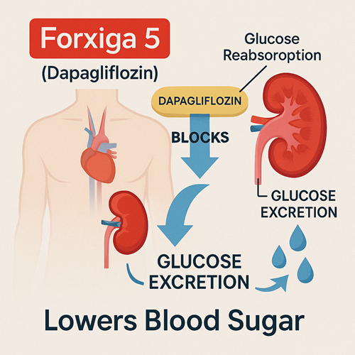 Medical diagram explaining the mechanism of Forxiga 5 (Dapagliflozin)