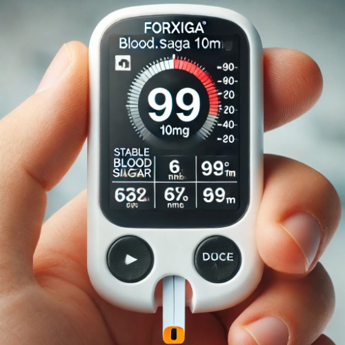Glucose meter showing stable blood sugar after taking Forxiga