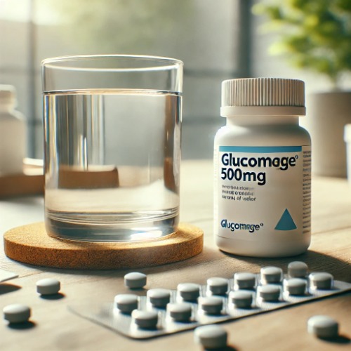 Glucophage 500mg tablet next to a glass of water on a table