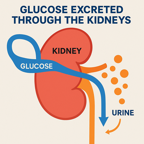 Visual diagram showing how glucose is excreted through the kidneys