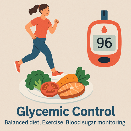 Image emphasizing balanced diet, regular exercise, and blood sugar monitoring for glycemic control
