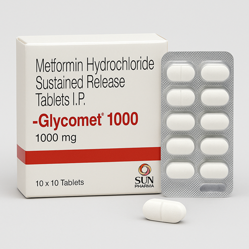 Glycomet 1000mg product photo clearly showing the product package and tablet