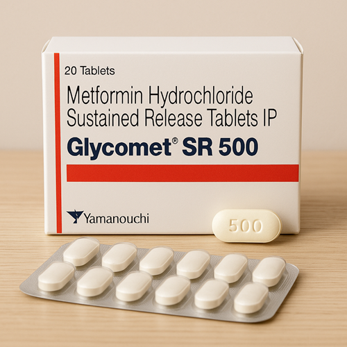 Glycomet SR 500mg product photo clearly showing the product package and tablet