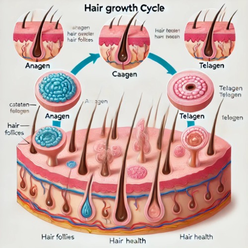 Medical diagram illustrating hair growth stages and follicle health