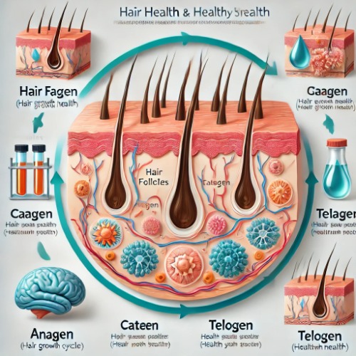 Medical diagram explaining scalp health and hair growth cycle