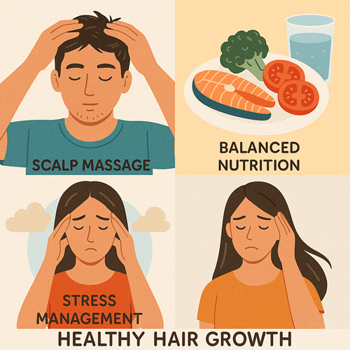 Image emphasizing scalp massage, balanced nutrition, and stress management for healthy hair growth