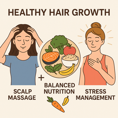 Image emphasizing scalp massage, balanced nutrition, and stress management for healthy hair growth