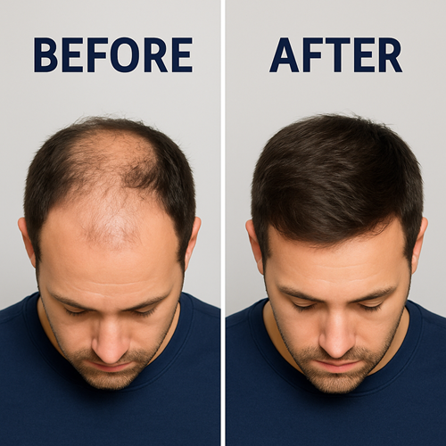 Before and after comparison image showing male hair loss improvement