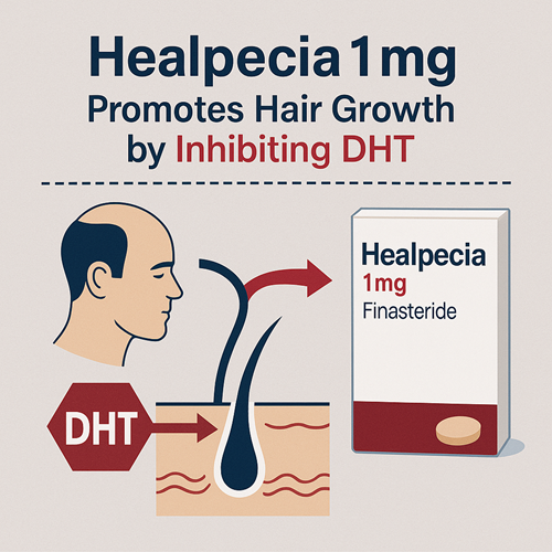 Visual diagram showing how Healpecia 1mg promotes hair growth by inhibiting DHT
