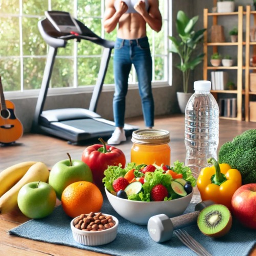 Healthy lifestyle with fresh food on the table and a person exercising