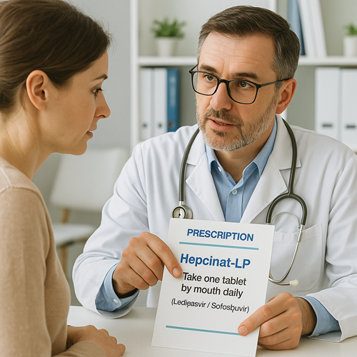 Doctor explaining Hepcinat LP dosage instructions to a patient in a clinical setting