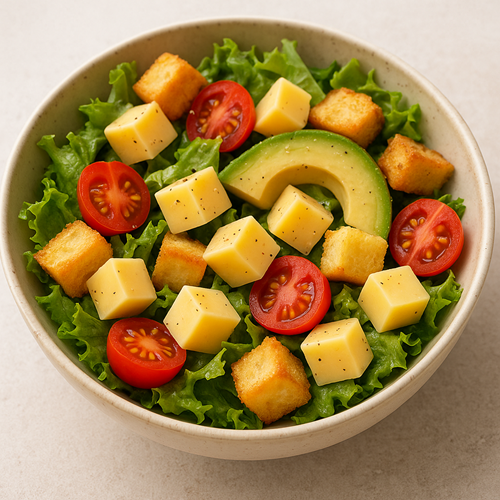 High-calorie salad image with cheese cubes