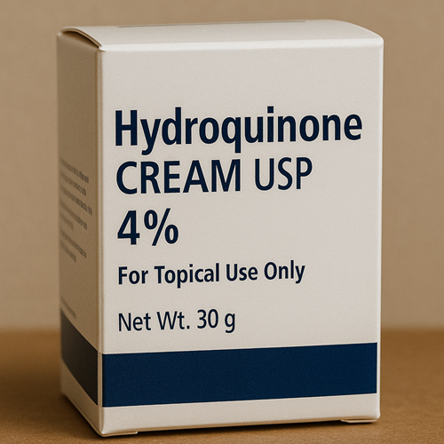 Close-up image of hydroquinone product packaging