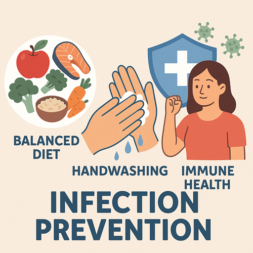 Image emphasizing balanced diet, handwashing, and immune health for infection prevention