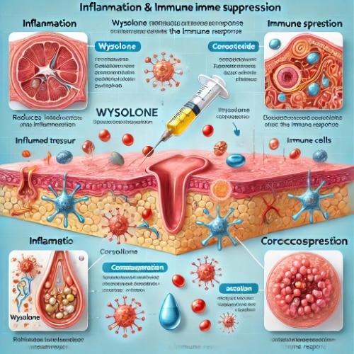 Medical diagram showing inflammation process and immune suppression by Wysolone
