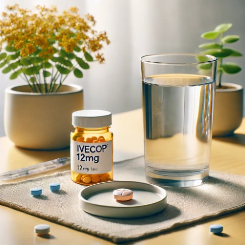 Ivecop tablet next to a glass of water on a table