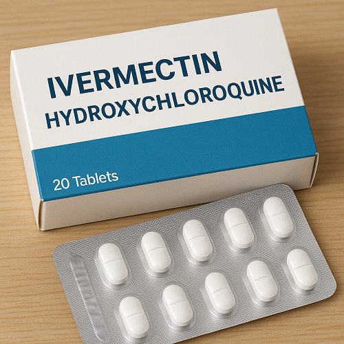 Ivermectin and Hydroxychloroquine package and packaging box close-up image