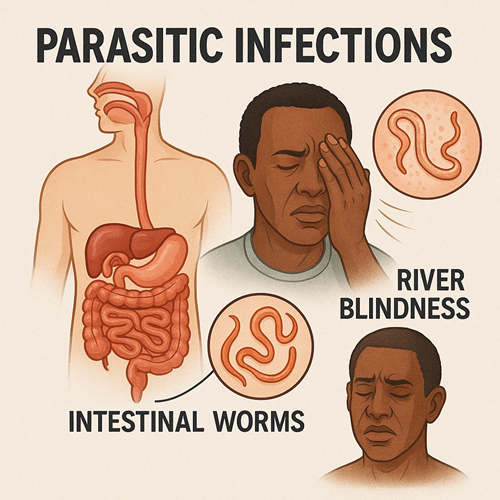 Medical illustration showing parasitic infections like intestinal worms and river blindness