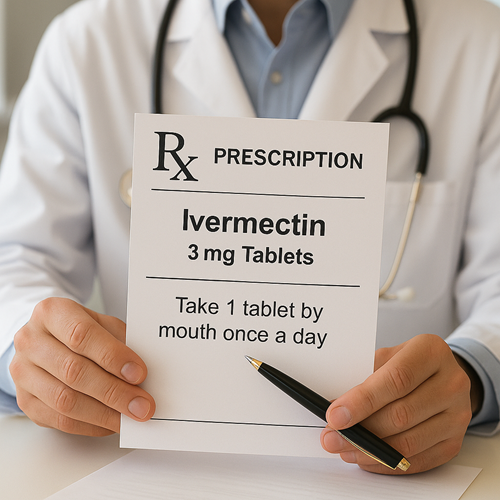 Prescription document explaining Ivermectin dosage with a doctor's hand in a clinical setting