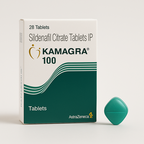 Kamagra 100mg product photo clearly showing the product package and tablet