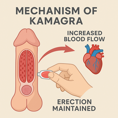 Medical diagram explaining the mechanism of Kamagra Oral Jelly 100mg (increased blood flow and erection maintenance)