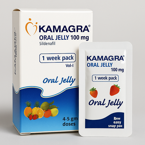 Kamagra Oral Jelly 100mg package and individually packed jelly sachet close-up image
