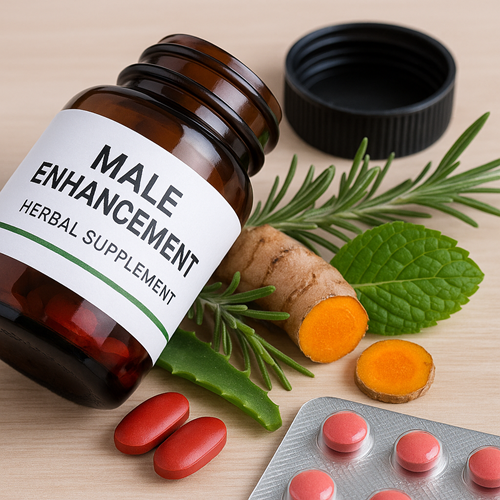 Close-up of male enhancement supplement with herbal ingredients