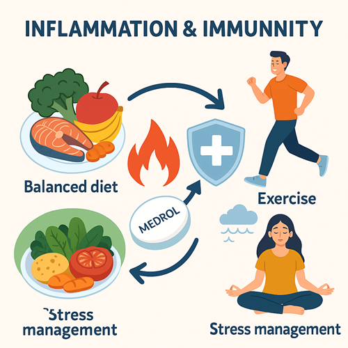 Image emphasizing a balanced diet, regular exercise, and stress management for inflammation and immunity control