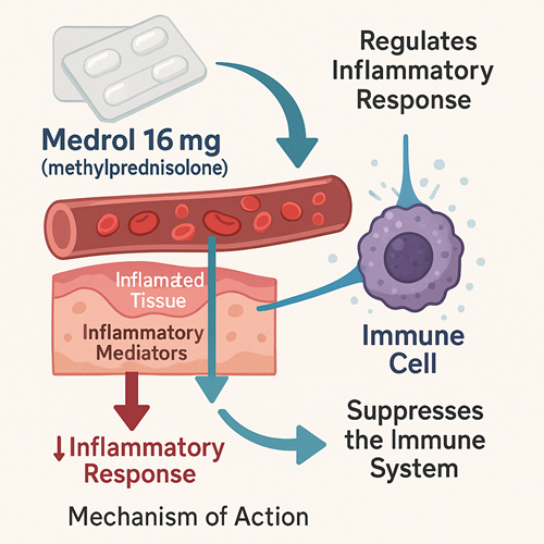 Visual diagram showing how Medrol 16mg regulates inflammatory response and suppresses the immune system