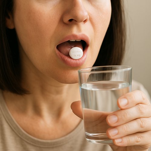 Instructional photo of taking a Medrol 16mg tablet orally with water