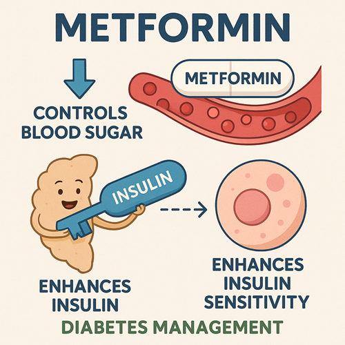 Visual diagram showing how Metformin controls blood sugar and enhances insulin sensitivity