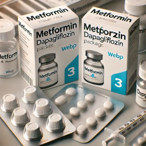 Close-up of Metformin and Dapagliflozin blister packs and packaging boxes