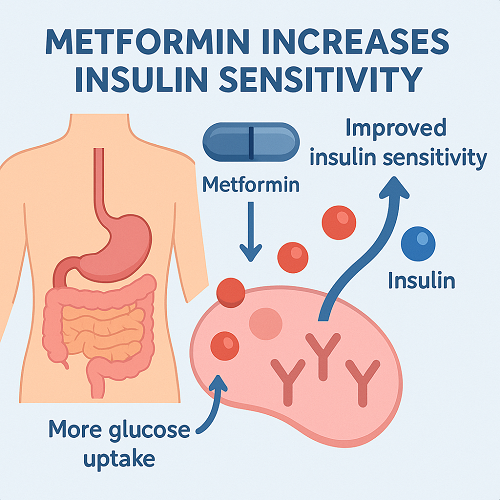 Medical diagram explaining how Metformin increases insulin sensitivity in the body