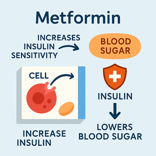 Visual diagram showing how Metformin improves insulin sensitivity and lowers blood sugar