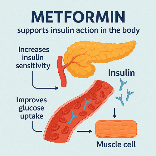Medical diagram explaining how Metformin 1000mg supports insulin action in the body