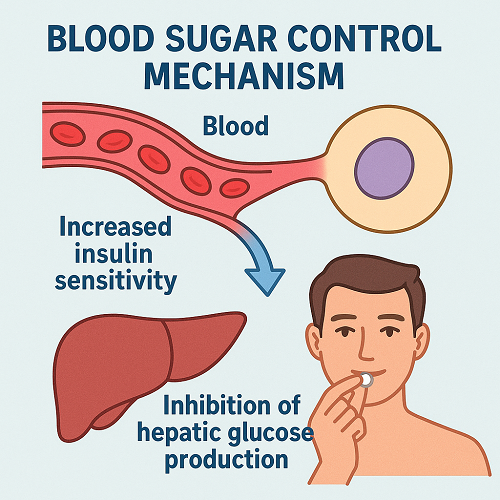 Medical diagram explaining the blood sugar control mechanism (increased insulin sensitivity and inhibition of hepatic glucose production)