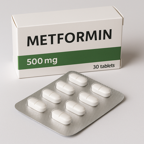 Metformin package and packaging box close-up image