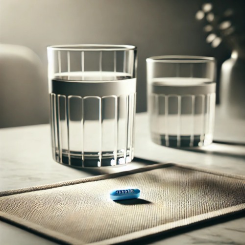 Metformin 500mg tablet next to a glass of water on a table
