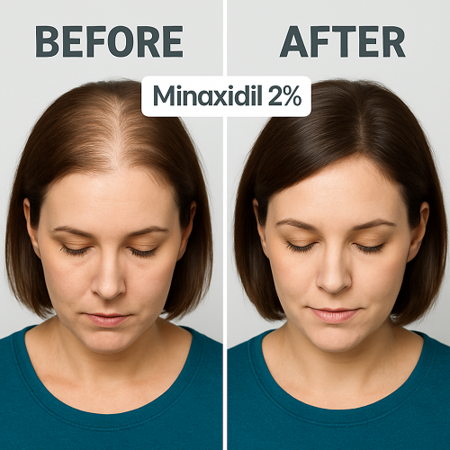 Before & after transformation of a man or woman with fuller hair after using Minoxidil 2%