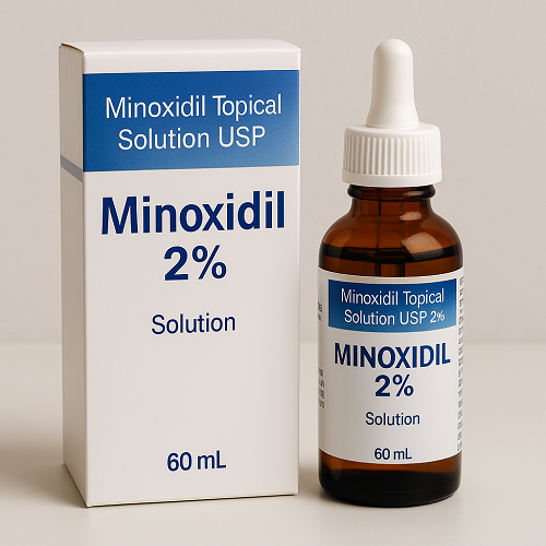 Minoxidil 2% package and bottle close-up image