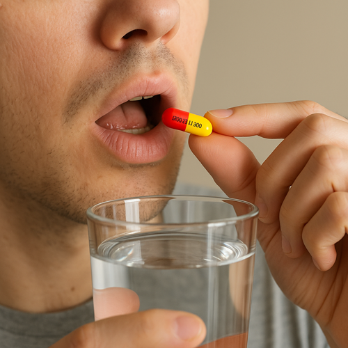Instructional photo of taking a Molflu 200mg capsule orally with water