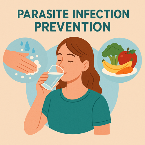 Image emphasizing hygiene, clean water intake, and a healthy diet for parasite infection prevention