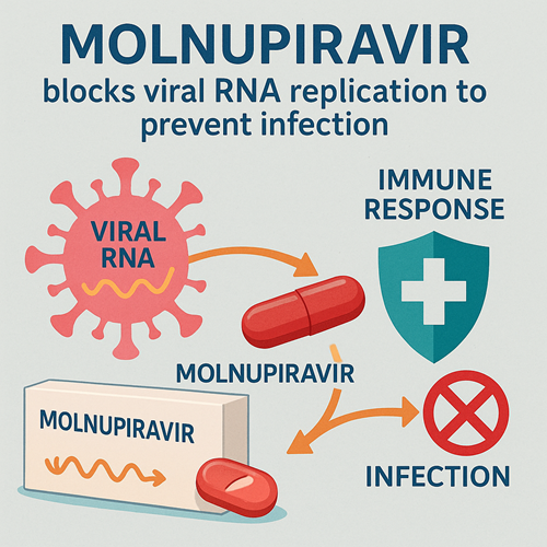 Visual diagram showing how molnupiravir blocks viral RNA replication to prevent infection