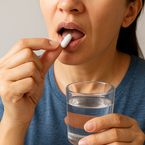 Instructional photo of taking a Molulife 200mg capsule orally with water